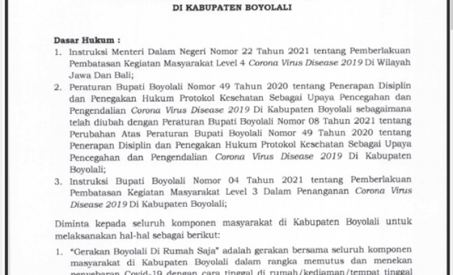 SE BUPATI BOYOLALI DI RUMAH SAJA 25 JULI DAN 1 AGUSTUS